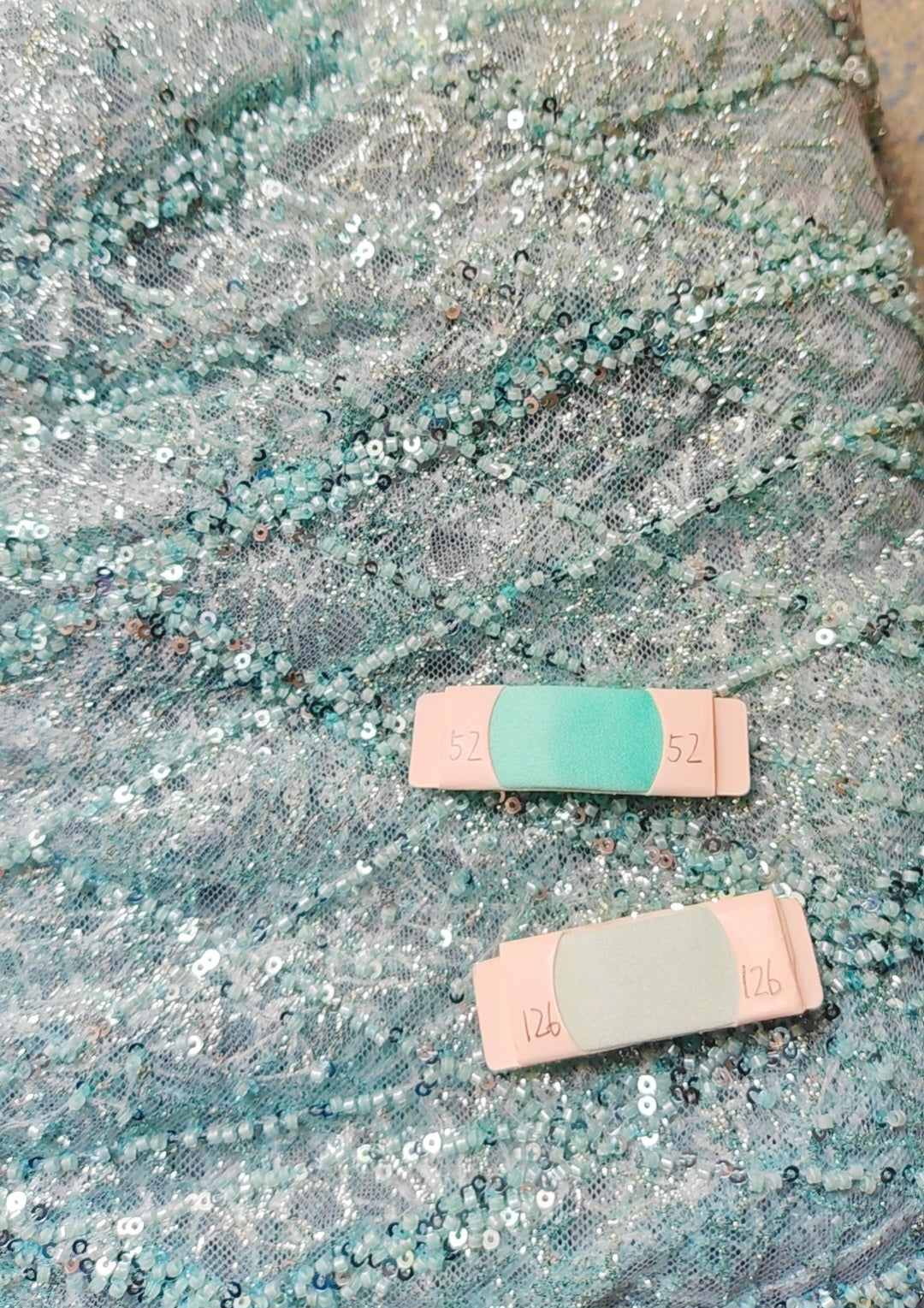 REMNANT beautiful blue green sequin fabric