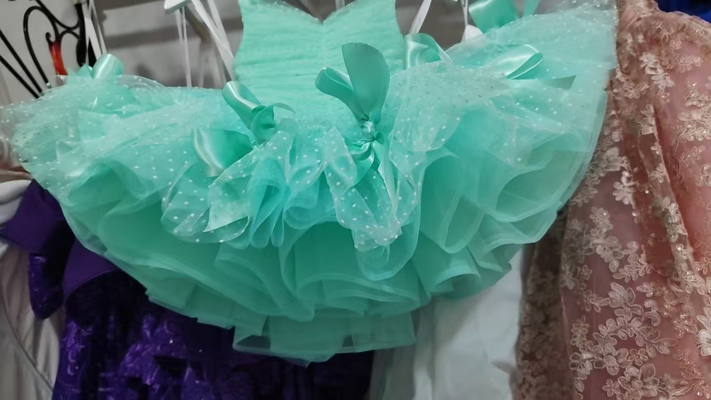 Bows of Grace SIZE 2-3 YEAR | RTS NEW SEAFOAM Swiss Dot Short Dress – Custom Couture Gown