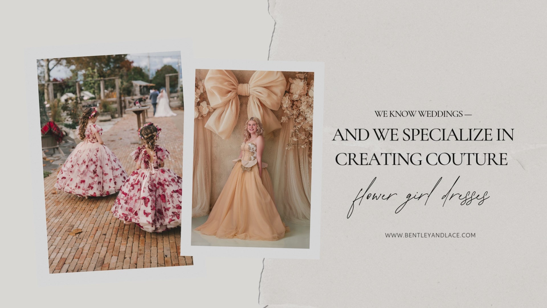 A collection of couture flower girl dresses by Bentley + Lace, featuring elegant designs perfect for weddings and special occasions. L