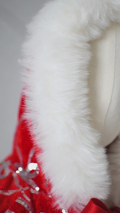Red velvet party dress for girls with detachable winter cape.

