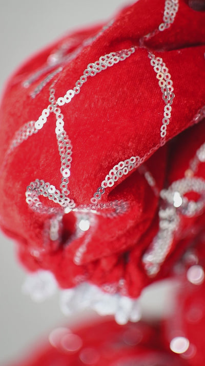 Full skirt detail showing silver bow embroidery on red velvet fabric.

