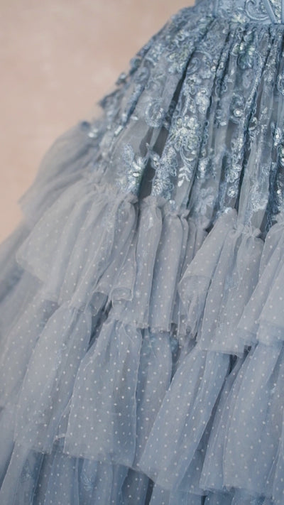 Luxury custom gown with floral embroidered bodice and sequins

