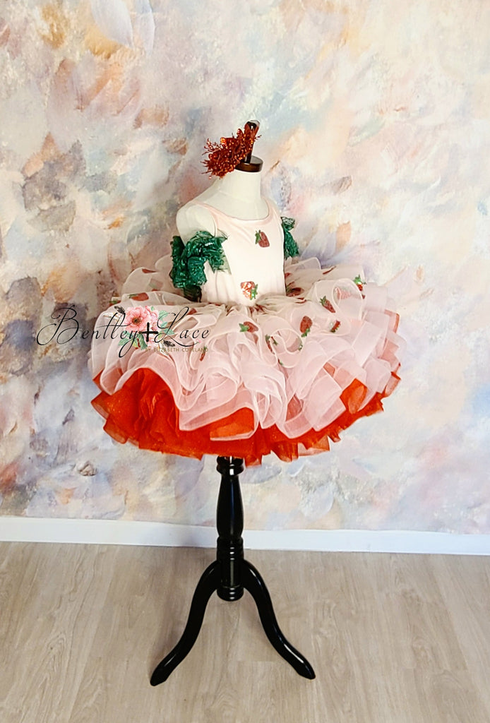 "Sweetest Strawberry"- Pink with green ruffle off shoulder (5 Year-Petite 6 Year)