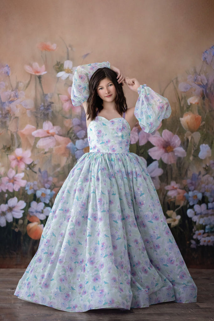 "Paint the flowers" -   Detachable skirt/sleeves Chiffon Floor Length Gown ( 9 Year - 10 Year)
