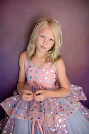 Flower girl wearing pastel Confetti gown outdoors

Close-up of layered horsehair tulle skirt on Confetti dress


