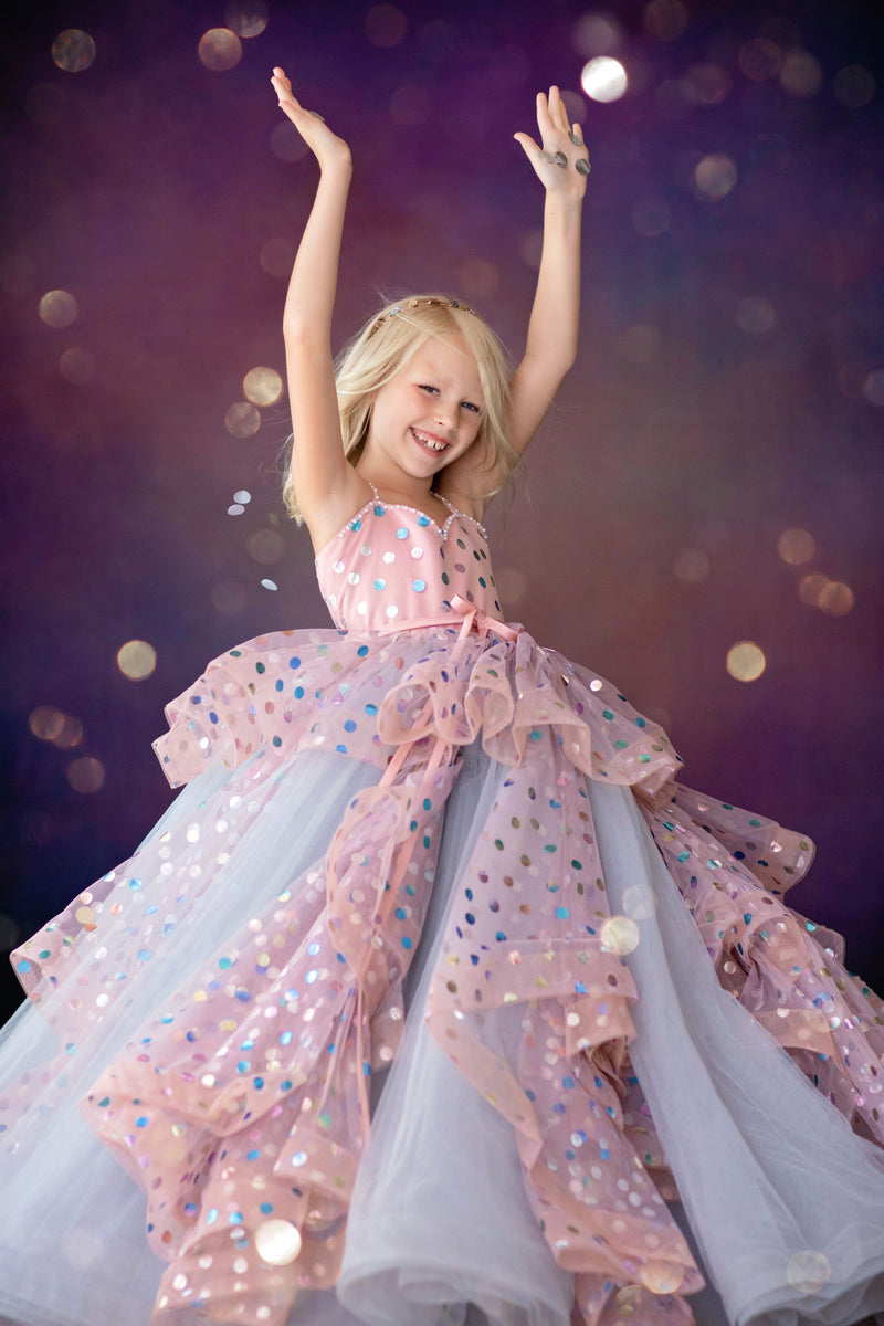 Editorial-style child portrait in Confetti couture gown

