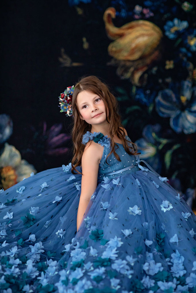 RETIRED RENTAL GUC Charlee- Floor long - shades of blue-  floral gown+Jacket - Gorgeous special occasion or photo shoot dress (6 Year-Petite 8 Year)