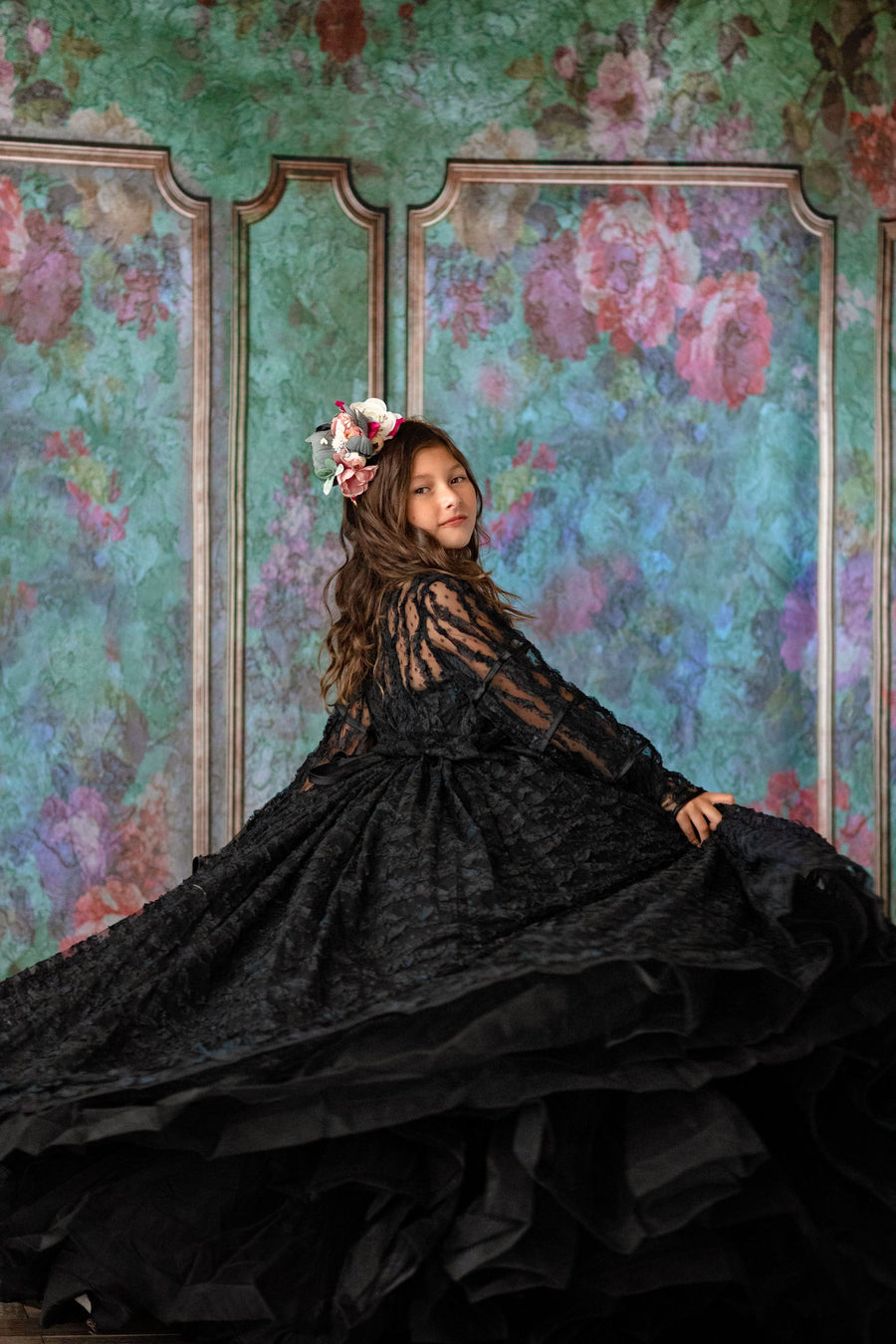 "Removable lace jacket styled over couture dress"

