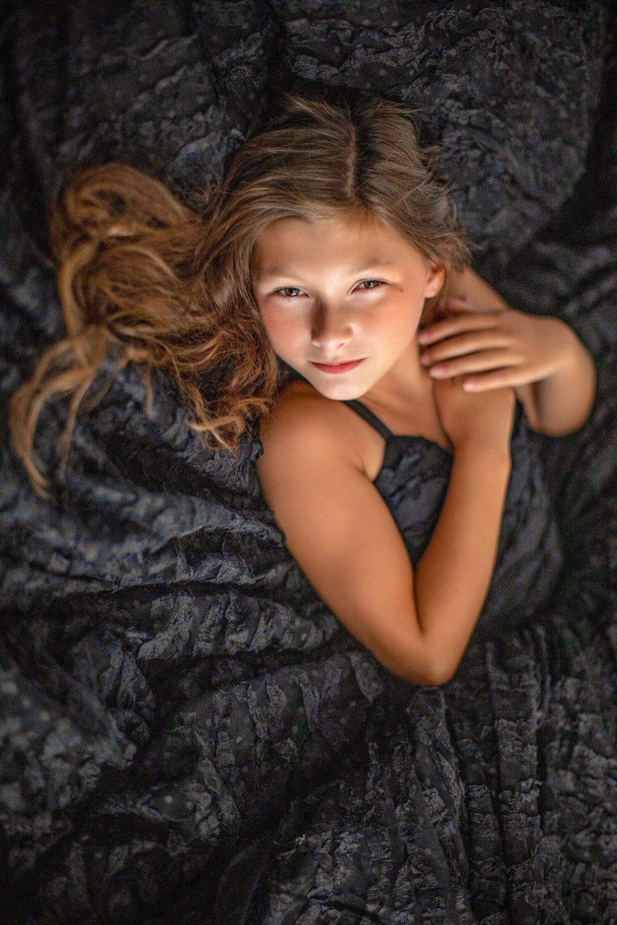 "Full view of custom couture gown for children with tulle skirt and detailed bodice"

