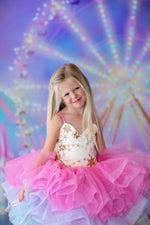 Soft rainbow layers of bridal tulle on the Golden Starlight dress skirt

