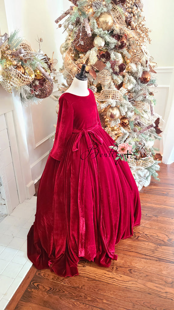 Penelope Velvet gown - Red Jewel with Sleeves  (6 Year - Petite 9 Year)