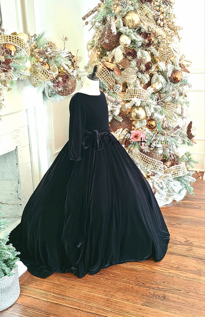 Penelope Velvet gown - Midnight black  with Sleeves  (6 Year - Petite 9 Year)
