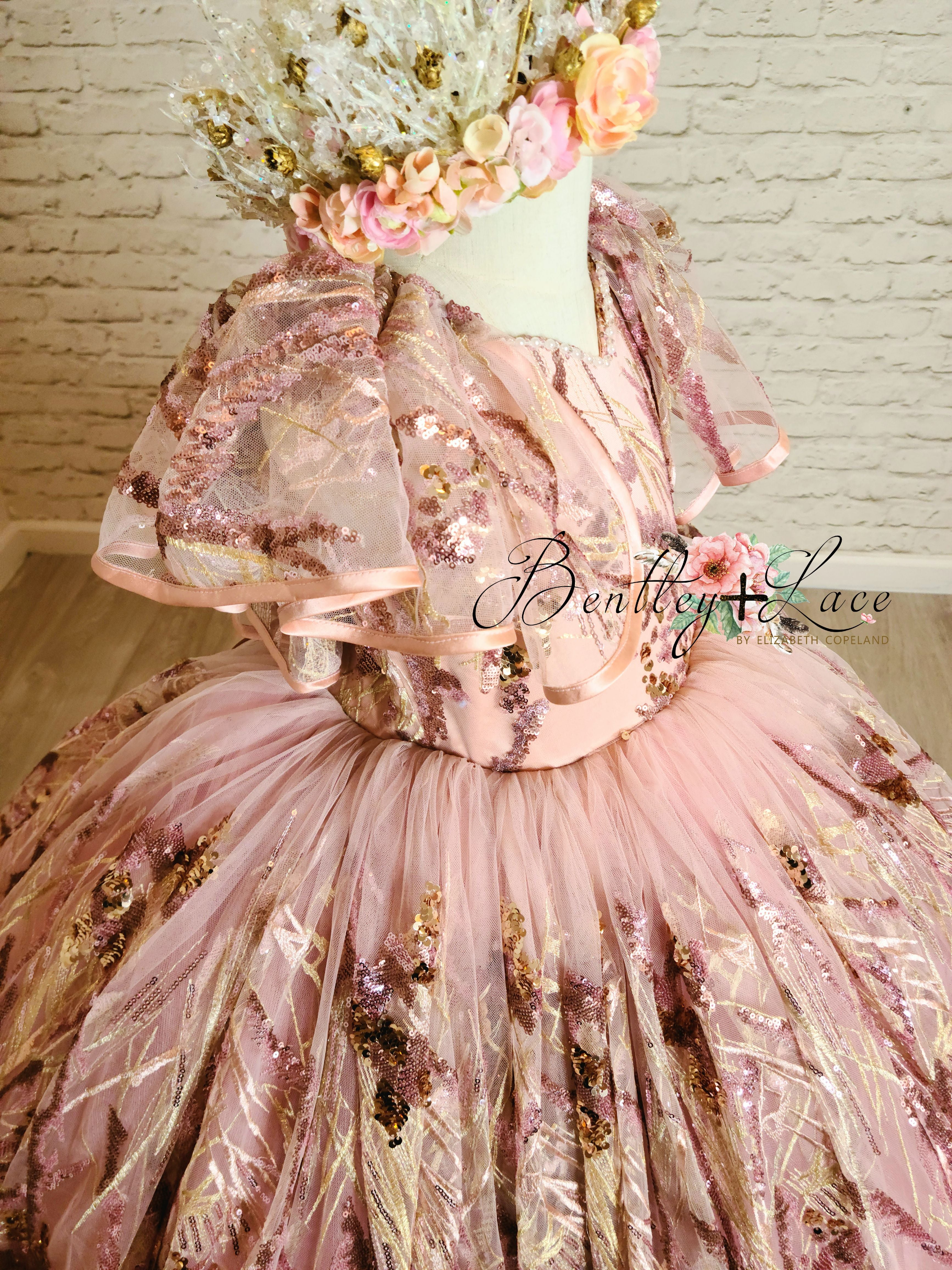 Retired rental - used condition,  no major defects. Sloane- Beautiful blush and sequin gown- Gorgeous special occasion or photo shoot dress (5 Year-Petite 8 Year)
