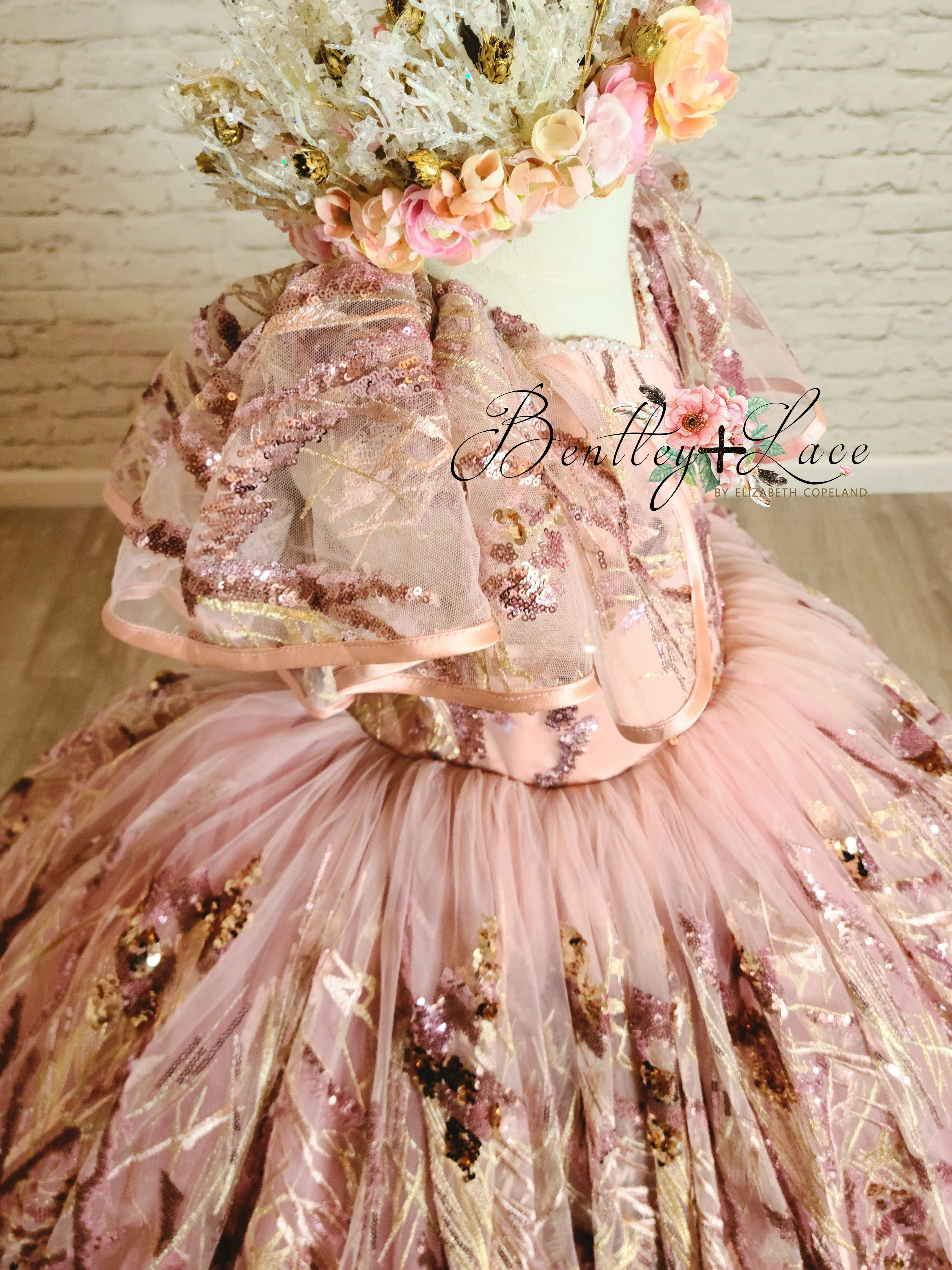 Retired rental - used condition,  no major defects. Sloane- Beautiful blush and sequin gown- Gorgeous special occasion or photo shoot dress (5 Year-Petite 8 Year)