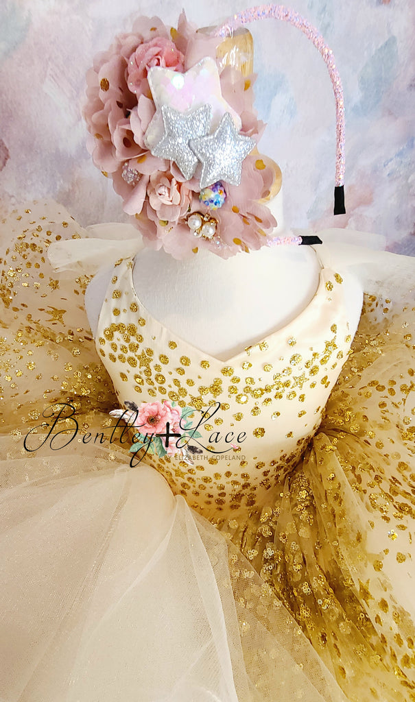 New "Starry eyes" Gold Cascade Petal Length Dress (4 Year - Petite 5 Year)