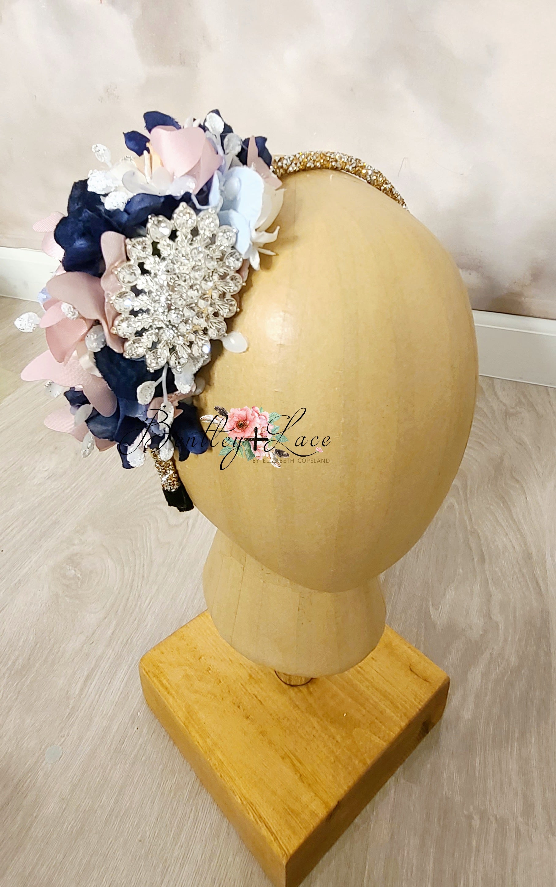 Navy & Pink rhinestone Floral Headband