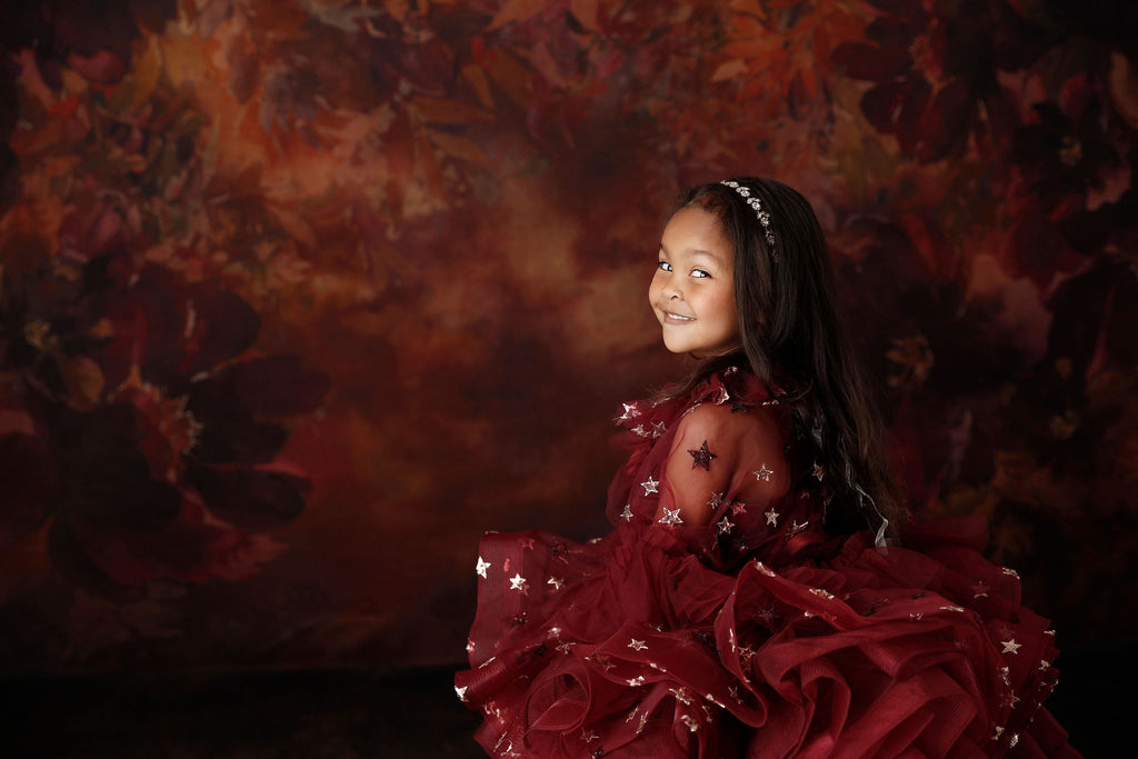 "Starlet" burgundy dress+cape -Petal Length Dress ( 5 Year - Petite 6 Year)