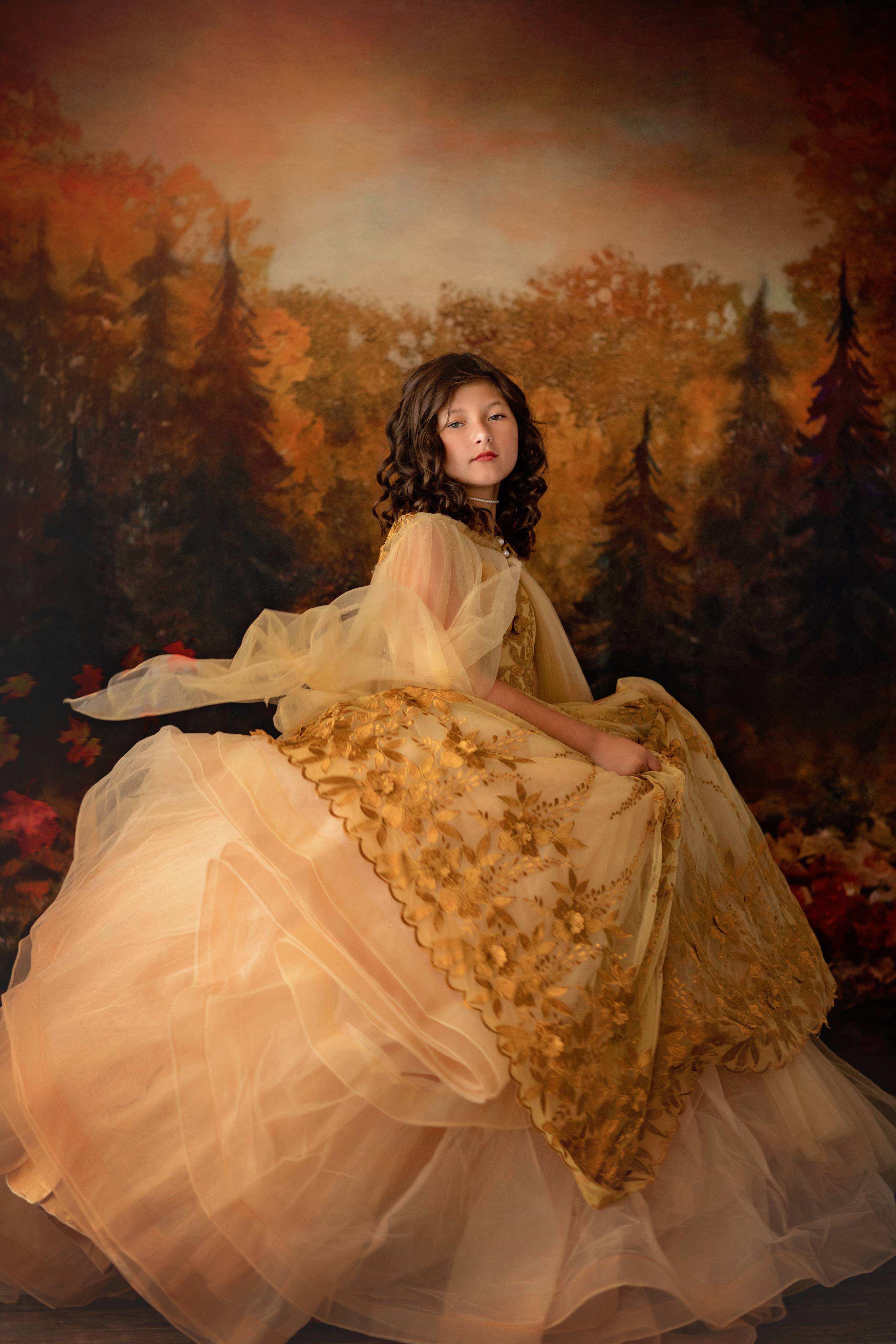 "Delphine" Golden Hour -  Floor Length Gown + Cape ( 8 Year - Petite 9 Year)