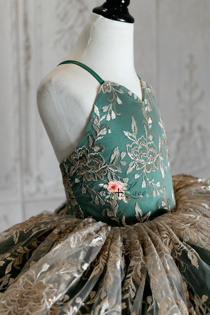 "Jillian" in green and champagne Petal Length Dress ( 7 Year - Petite 8 Year)
