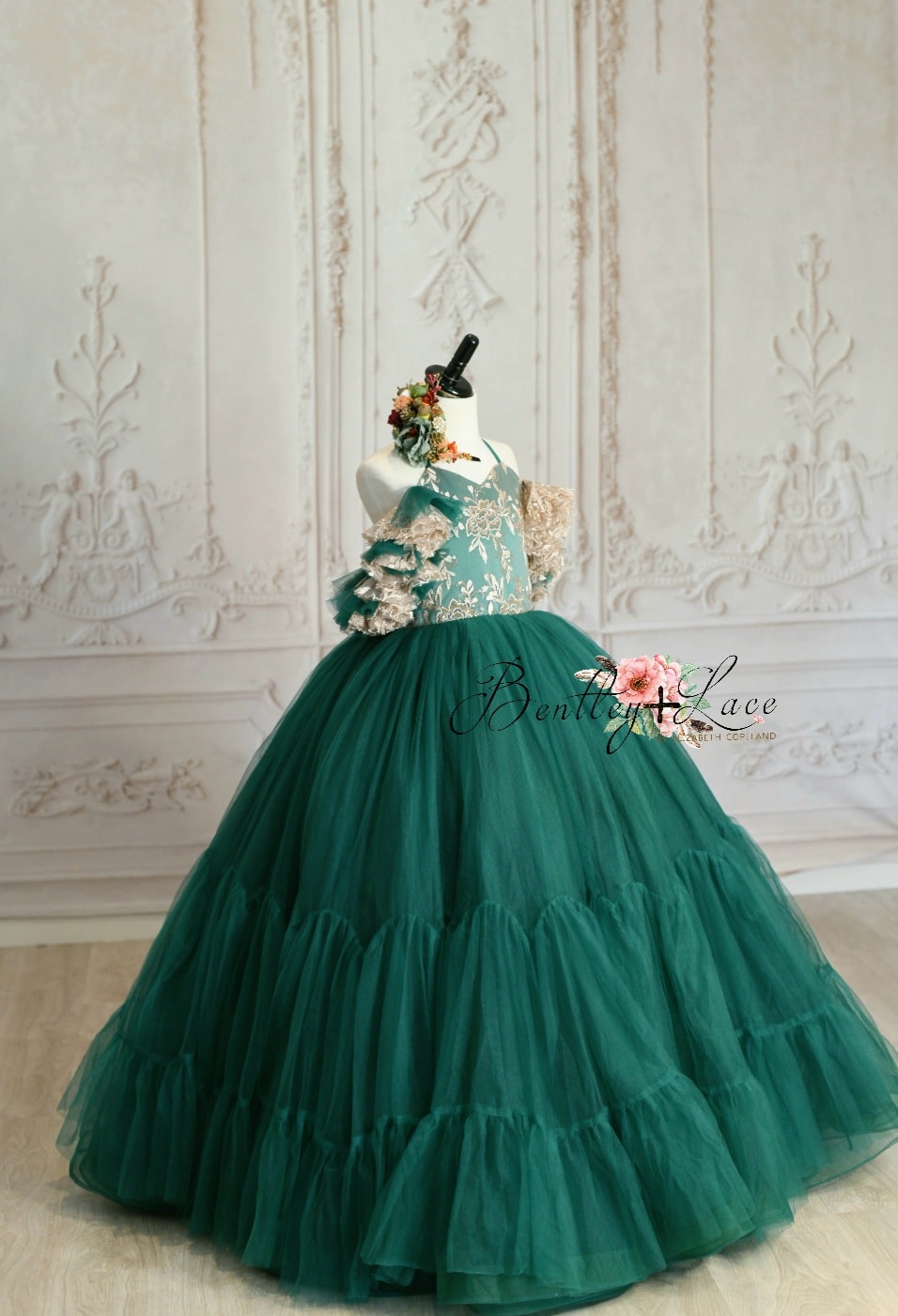 "Jillian" in green and champagne Floor Length Dress ( 6 Year - Petite 7 Year)