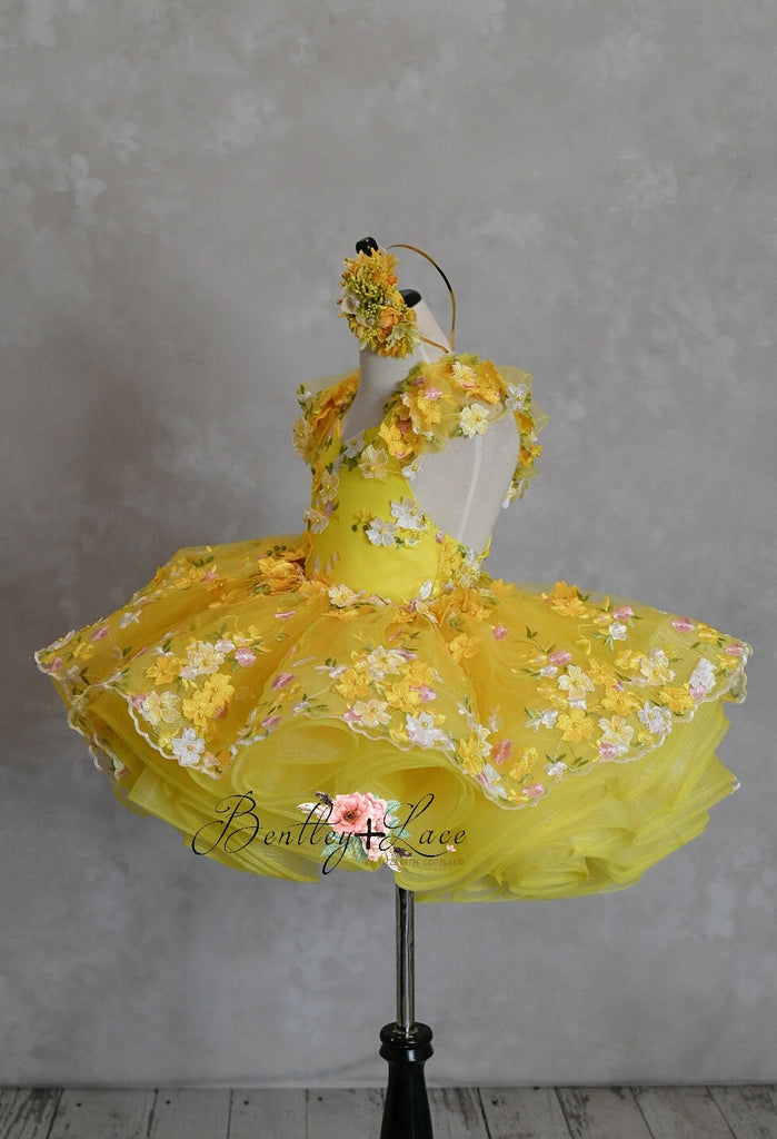 "Floral Dreams" in Yellow -  Petal Short Length Dress ( 6 Year - Petite 8 Year)