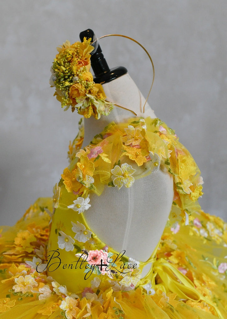 "Floral Dreams" in Yellow -  Petal Short Length Dress ( 4 Year - Petite 5 Year)