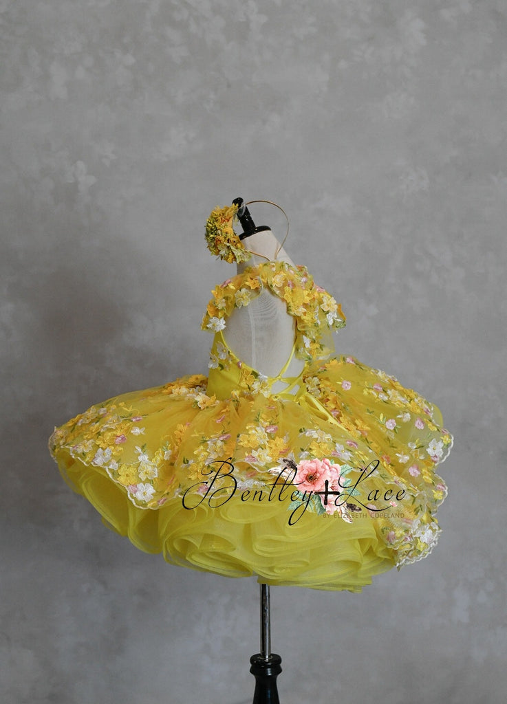 "Floral Dreams" in Yellow -  Petal Short Length Dress ( 4 Year - Petite 5 Year)