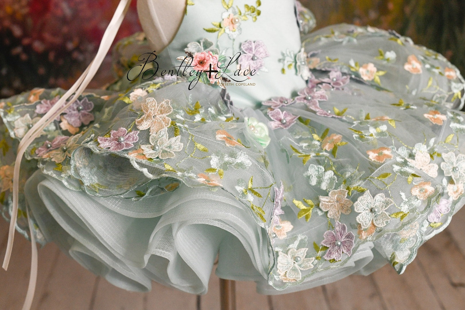 "Floral Dreams" in Seafoam -  Petal Short Length Dress (2 Year - 3 Year)