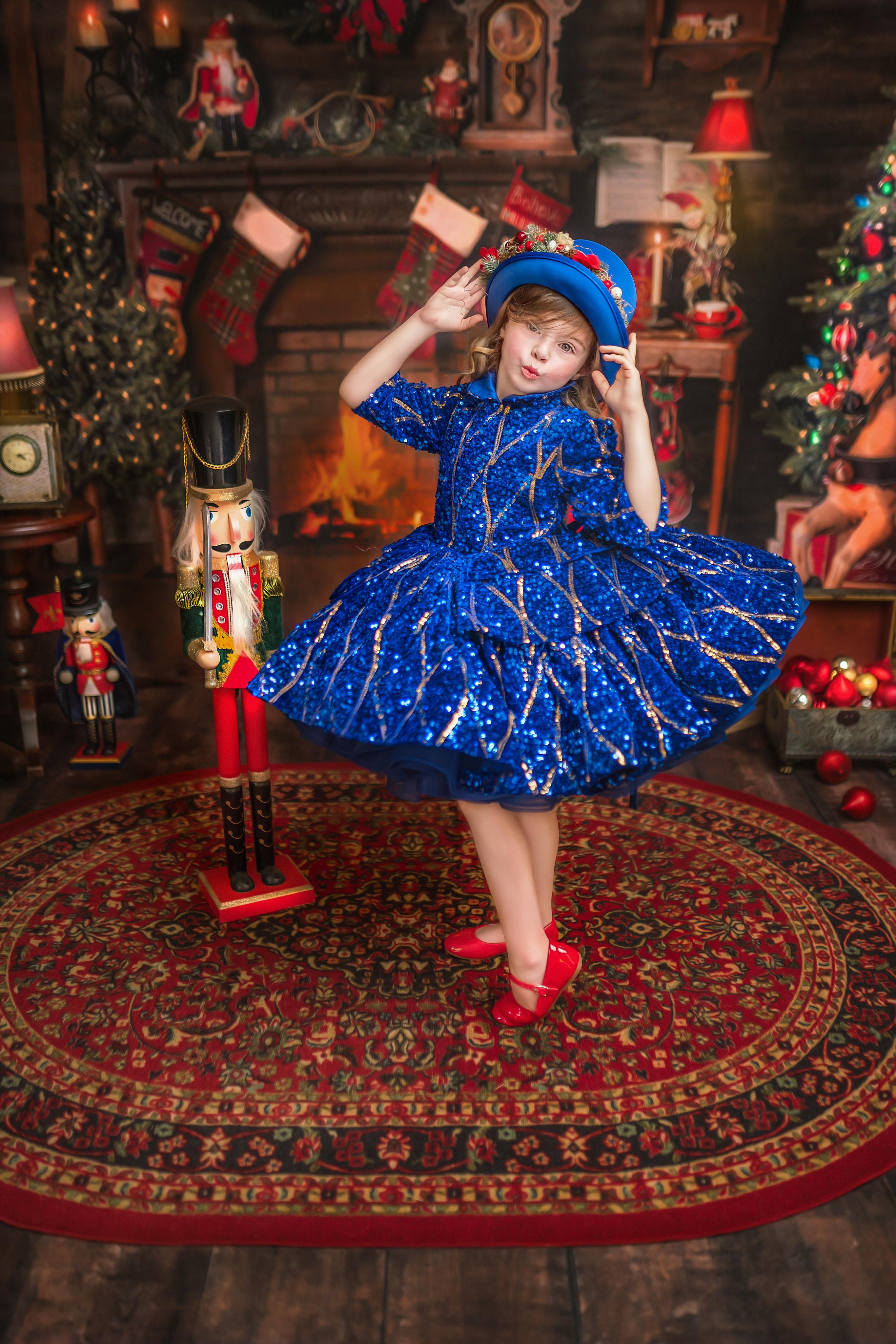 "Sparkling Princess" - Blue - With Sleeve Option Petal Length Dress  ( 5 Year - Petite 6 Year)