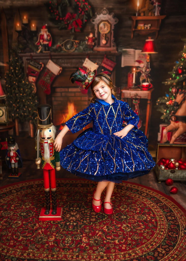 "Sparkling Princess" - Blue - With Sleeve Option Petal Length Dress  ( 5 Year - Petite 6 Year)