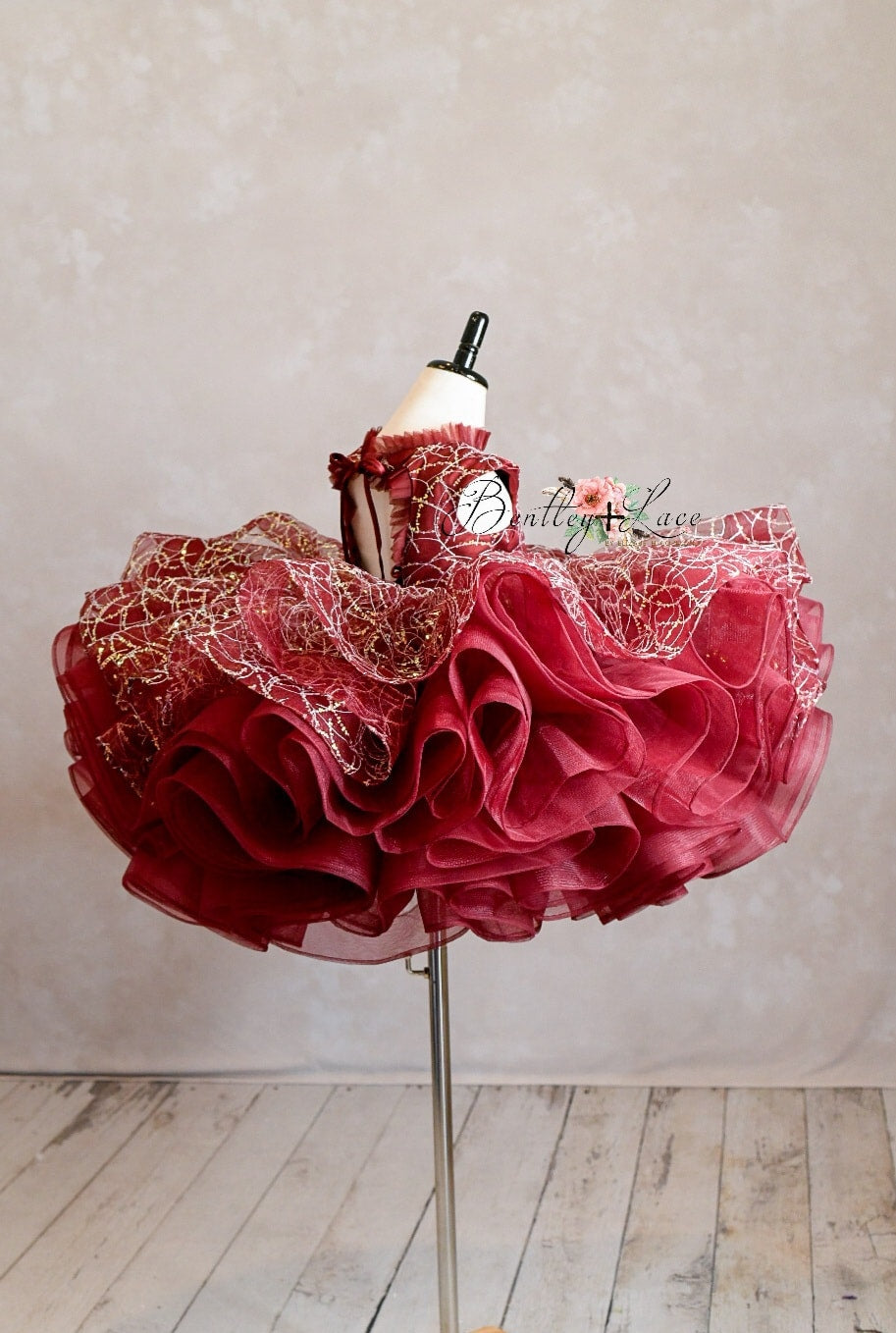 "Winnie" burgundy and champagne Petal Length Dress ( 5 Year - Petite 6 Year)