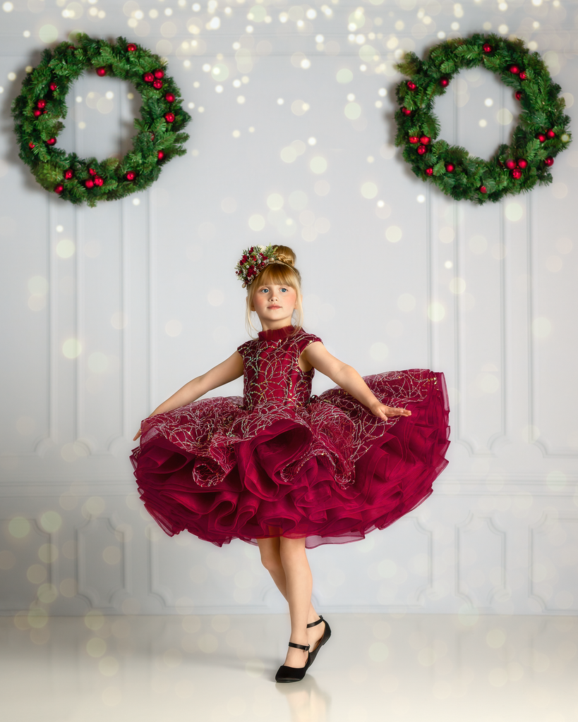 "Winnie" burgundy and champagne Petal Length Dress ( 5 Year - Petite 6 Year)