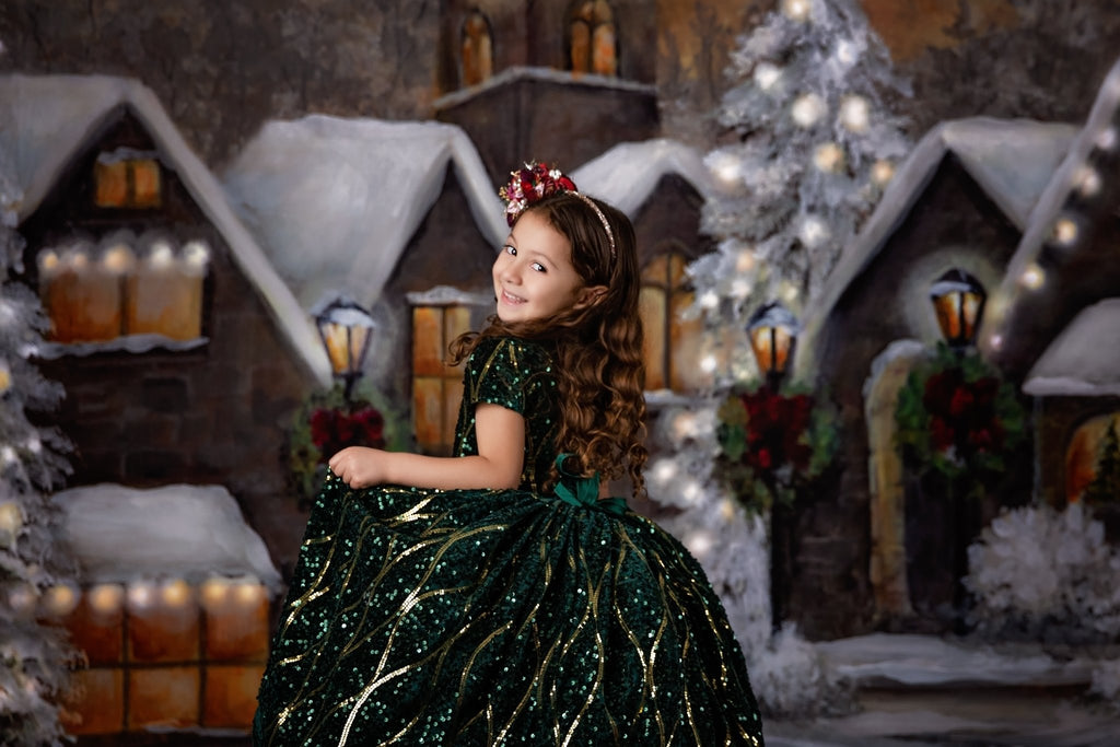 Couture rental gown: "Nutcracker Dance" - Green high low  With Sleeve Option Petal Length Dress  ( 4 Year - Petite 5 Year)