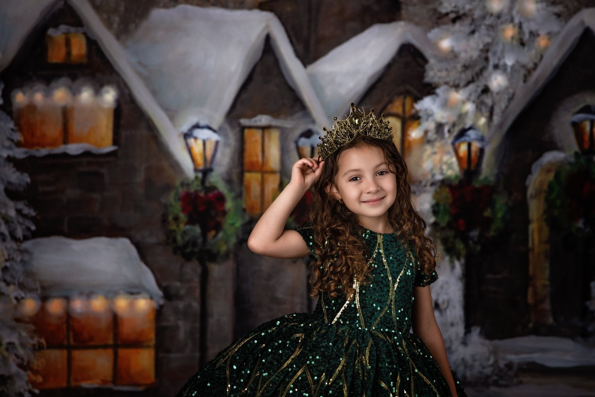Couture rental gown: "Nutcracker Dance" - Green high low  With Sleeve Option Petal Length Dress  ( 4 Year - Petite 5 Year)