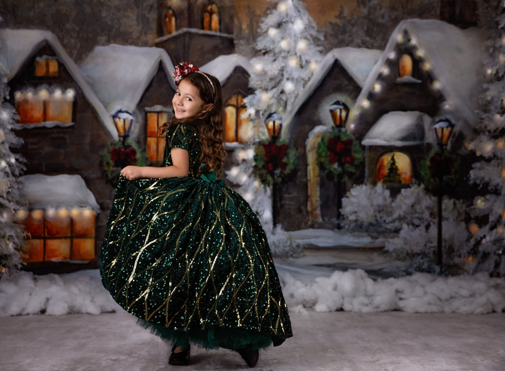 Couture rental gown: "Nutcracker Dance" - Green high low  With Sleeve Option Petal Length Dress  ( 4 Year - Petite 5 Year)