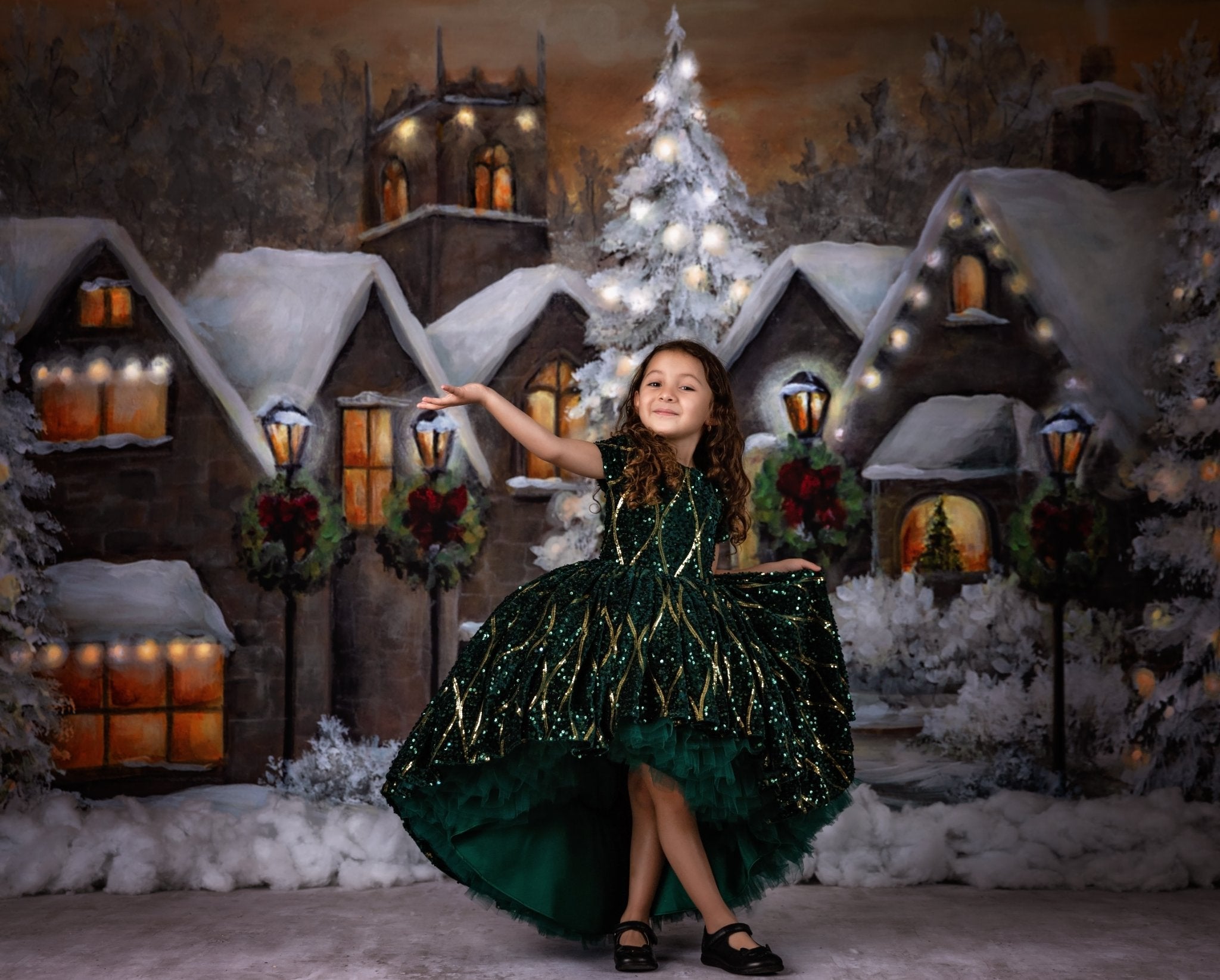 Couture rental gown: "Nutcracker Dance" - Green high low  With Sleeve Option Petal Length Dress  ( 4 Year - Petite 5 Year)