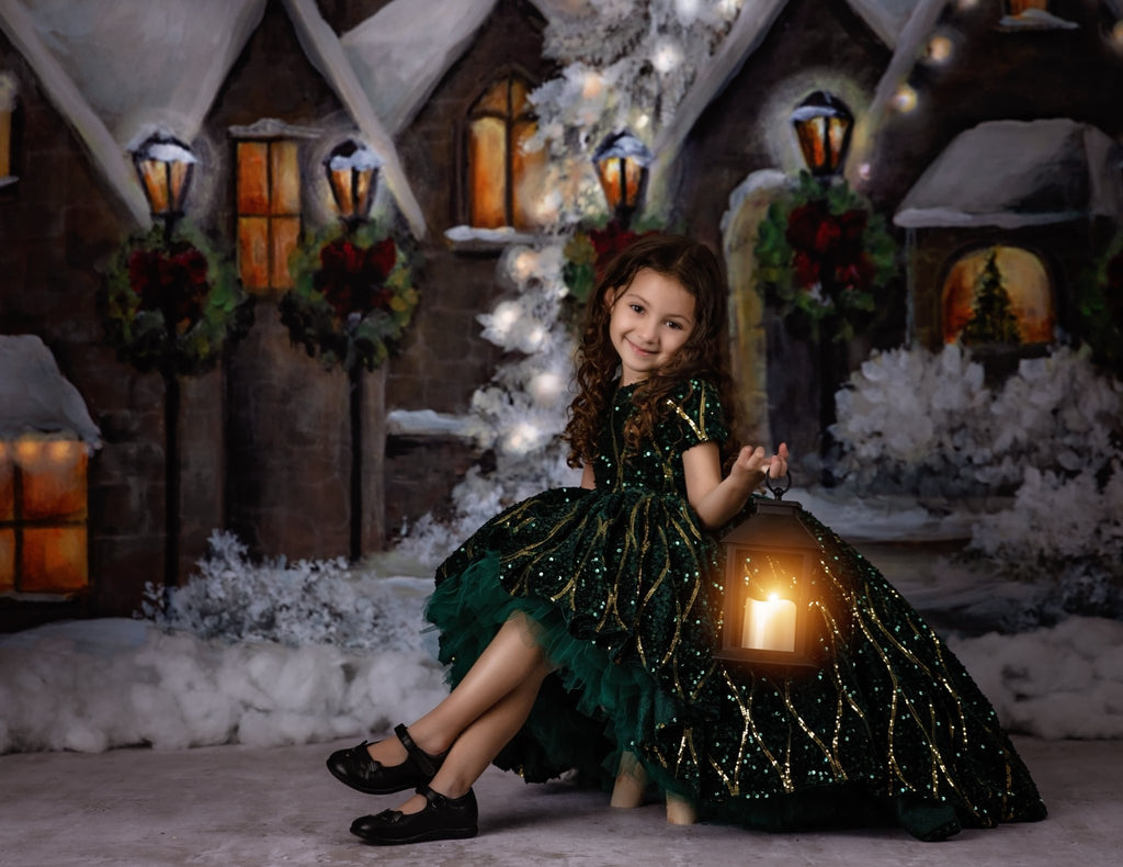 Couture rental gown: "Nutcracker Dance" - Green high low  With Sleeve Option Petal Length Dress  ( 4 Year - Petite 5 Year)
