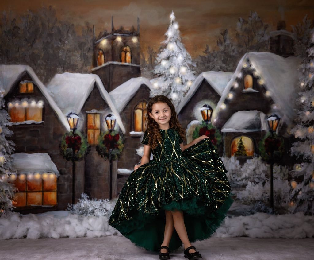 Couture rental gown: "Nutcracker Dance" - Green high low  With Sleeve Option Petal Length Dress  ( 4 Year - Petite 5 Year)