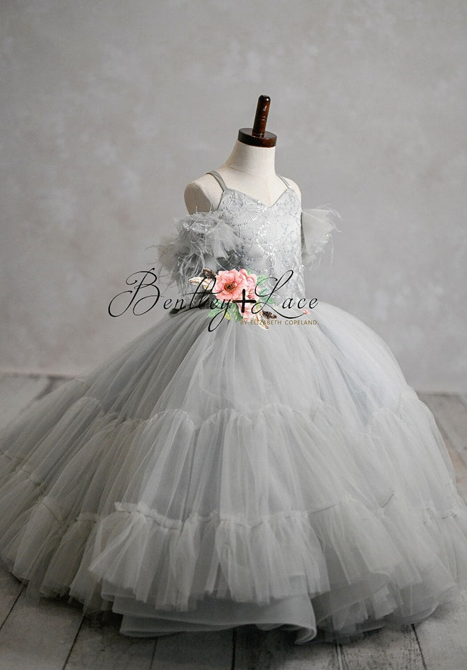 "Evangeline" - Tinsel Silver- Floor Length ( 3 Year - Petite 4 Year)