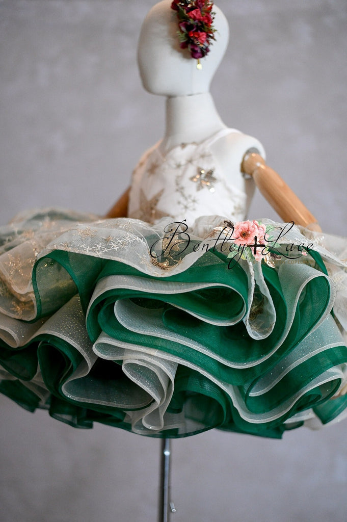 "Golden Starlight"-Gold+Green Short Length Dress (5 Year-Petite 6 Year)