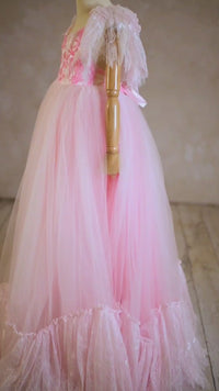 New rts Pink Dazzle Lace Floor-Length Rental Gown | Fits 9Y–10Y