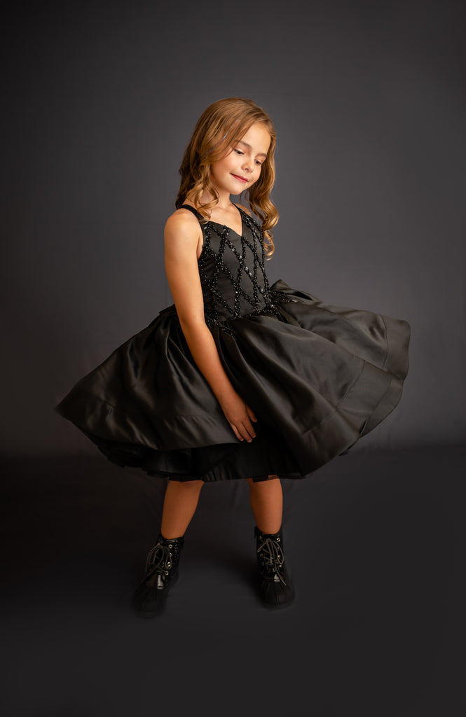 "Darling Plaid" Black Vintage Jacket  + Black Beaded Solid  Petal Length Dress ( 5 Year - Petite 6 Year)