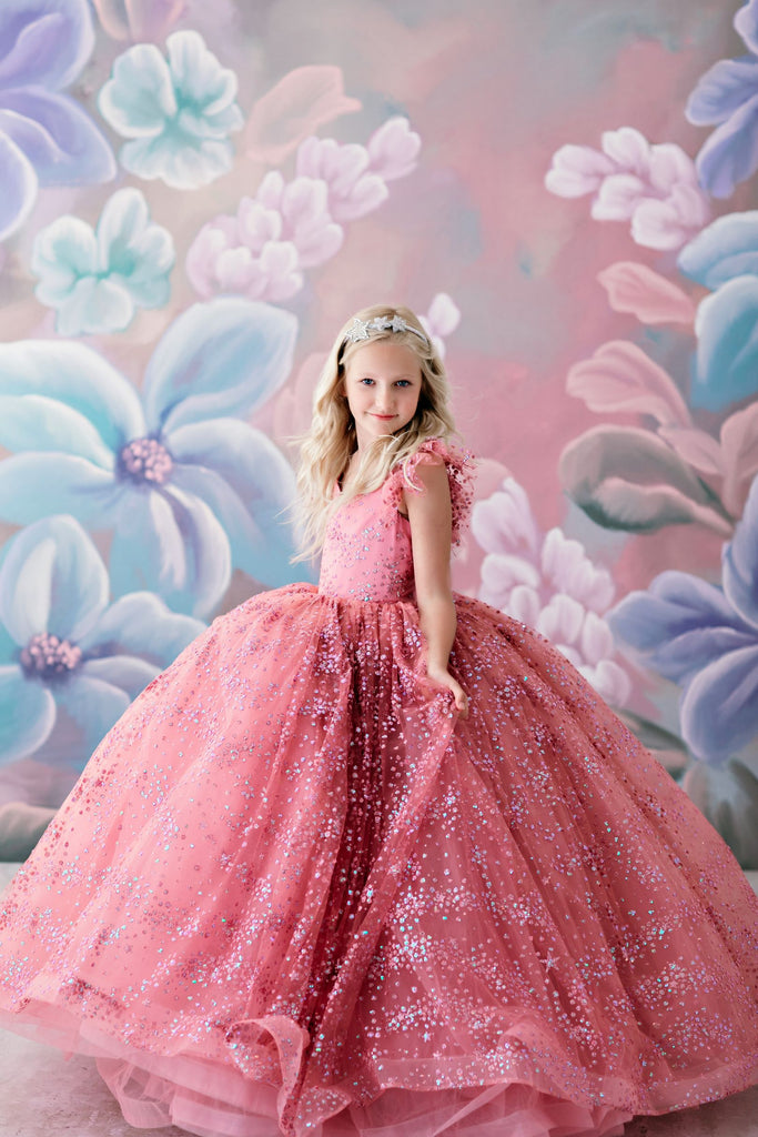 RETIRED RENTAL "Starry Eyes" -  Pink glitter stars Floor Length Dress ( 6 Year - Petite 10 Year)