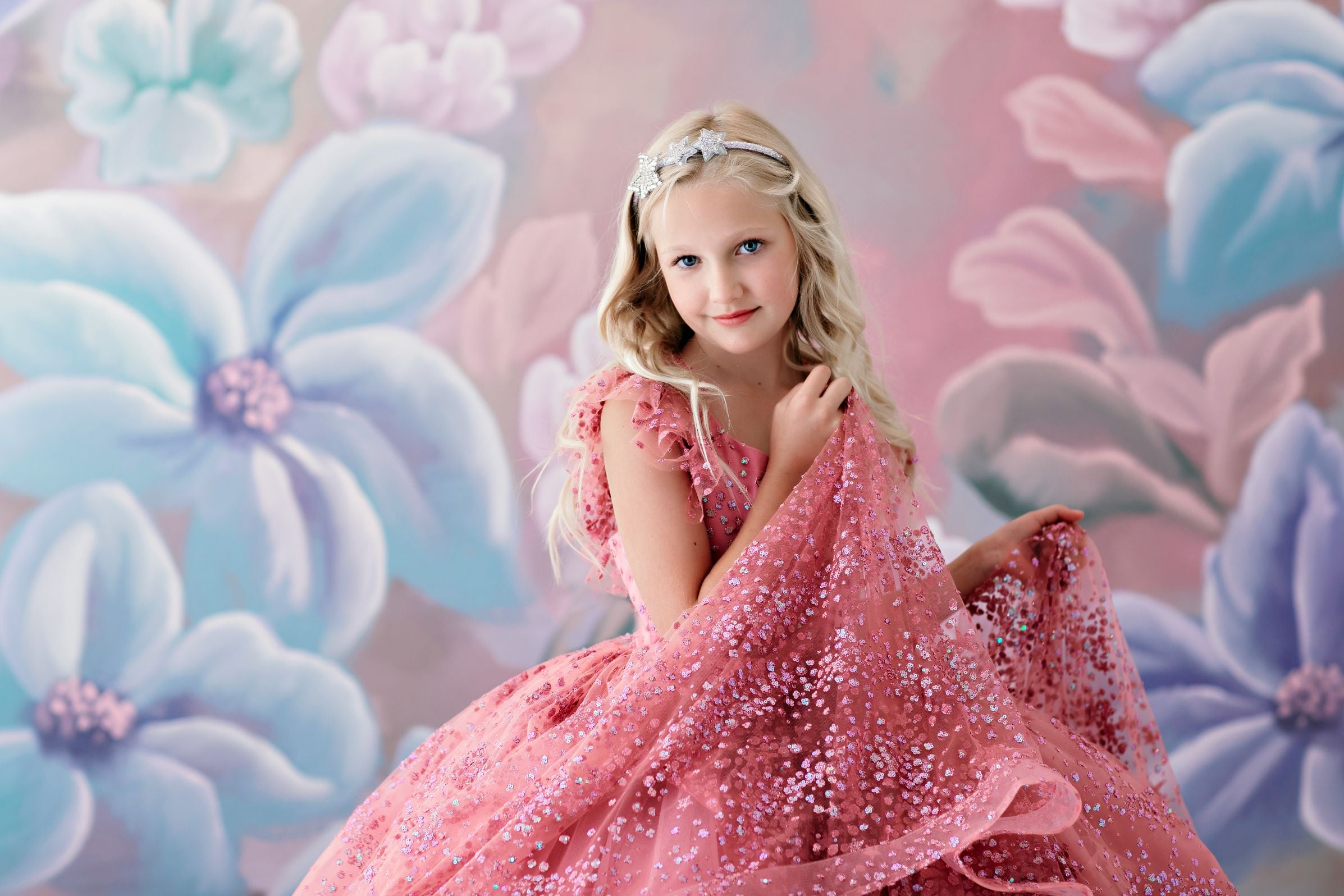 RETIRED RENTAL "Starry Eyes" -  Pink glitter stars Floor Length Dress ( 6 Year - Petite 10 Year)