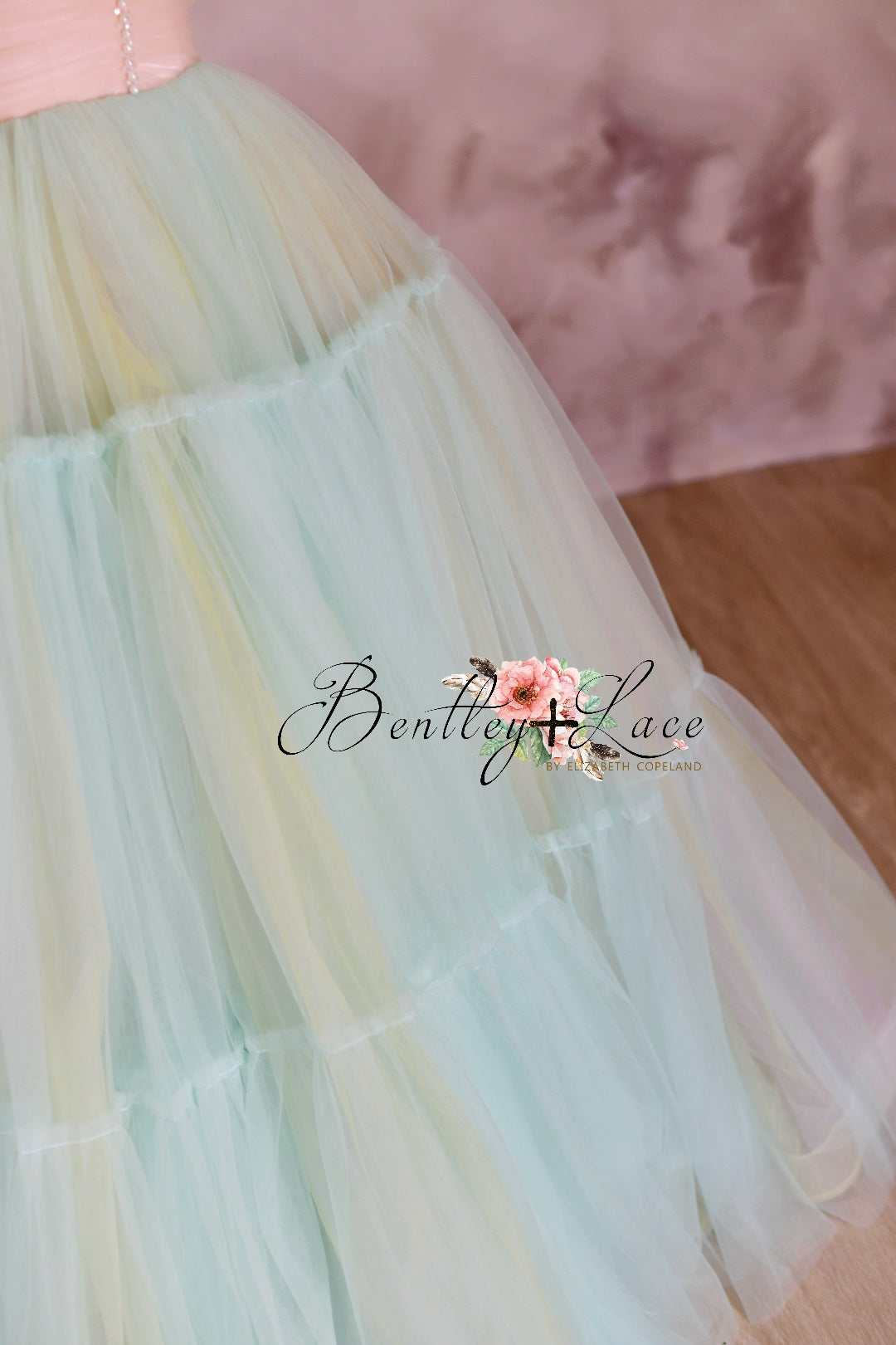 Retired rental euc Sherbet "Rainbow Party" Glitter Ruffle Neckline- Floor Length Dress (6 Year-Petite 8 Year)