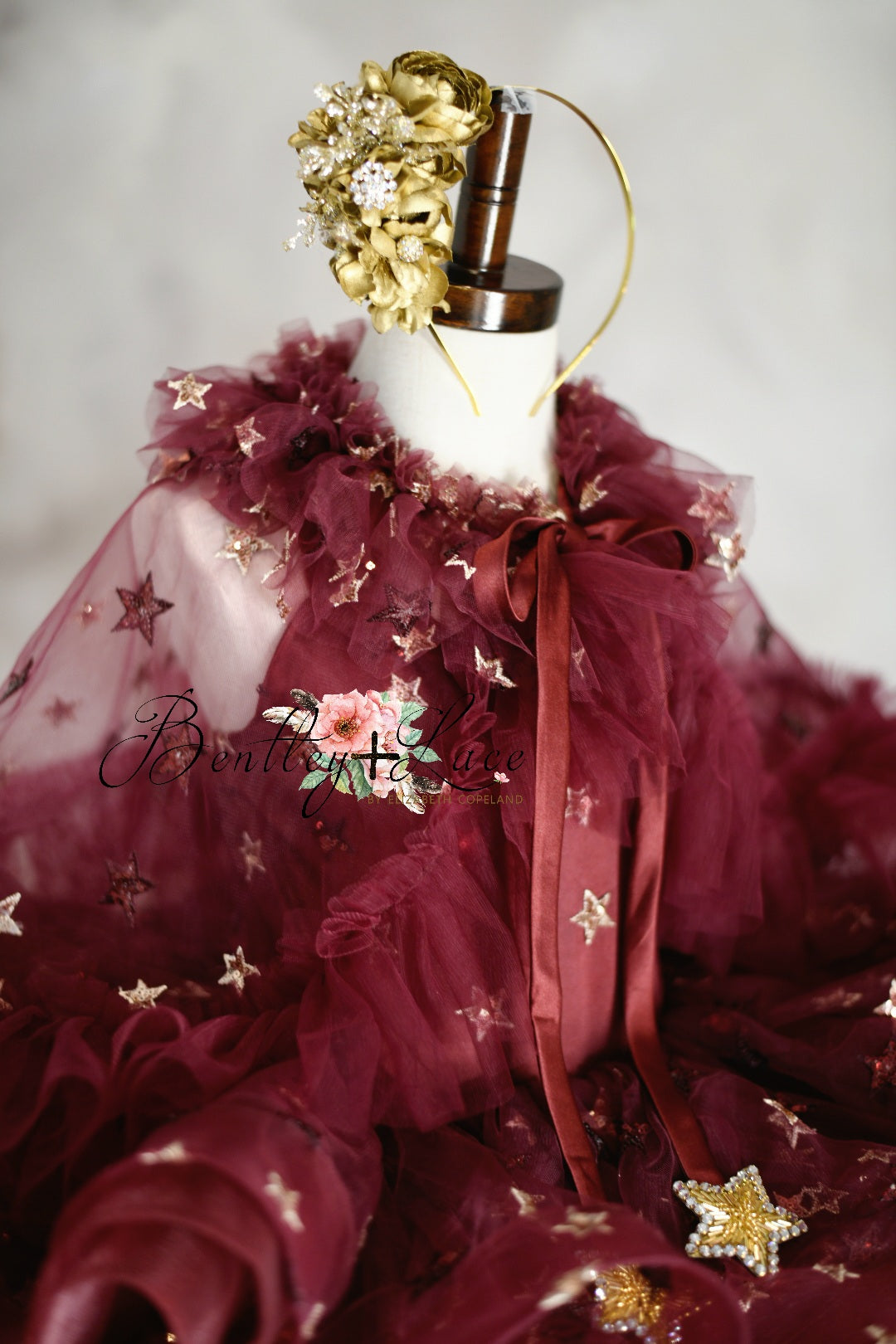 "Starlet" burgundy dress+cape -Petal Length Dress ( 5 Year - Petite 6 Year)
