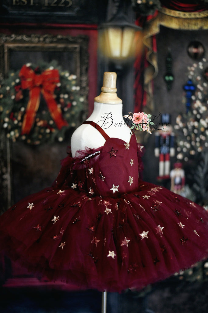 "Starlet" Toddler burgundy dress+cape -Petal Length Dress ( 3 Year - Petite 4 Year)
