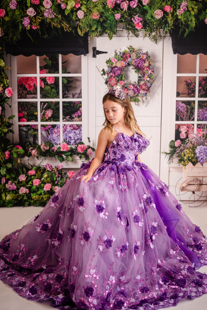 Amethyst-  Flutter bodice- Floor Length Dress ( 6 Year - Petite 7 Year)