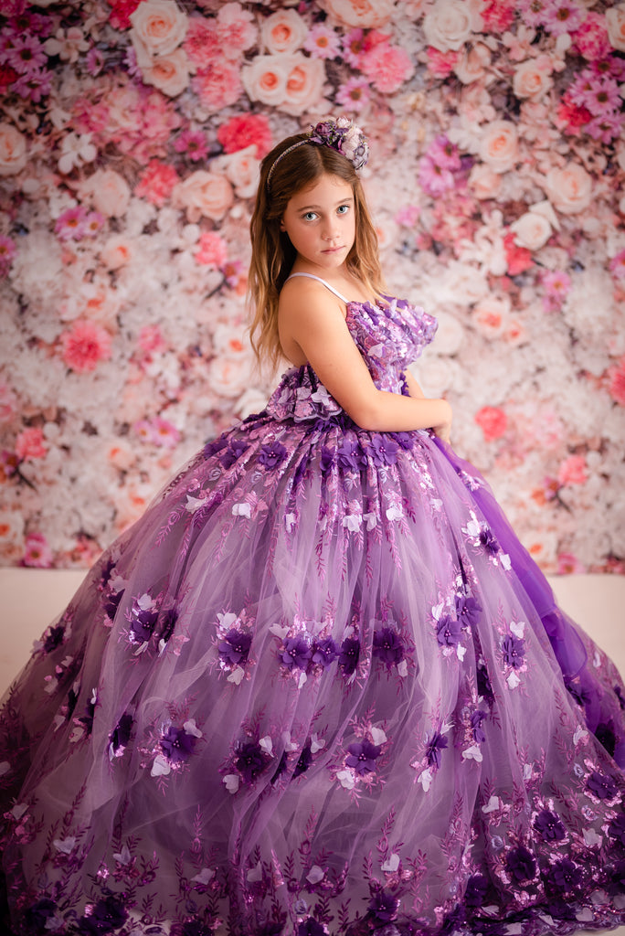 Amethyst-  Flutter bodice- Floor Length Dress ( 6 Year - Petite 7 Year)