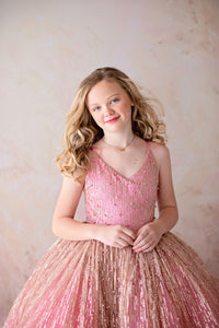 Custom Stassi Gown in Rose Gold Shimmer – Perfect for Special Occasions

